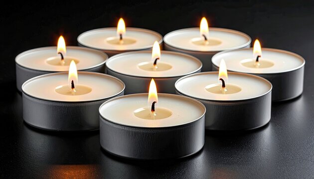 Eight White Tealight Candles Lit with Warm Glowing Flames in a Dark Setting with Soft Bokeh Effect