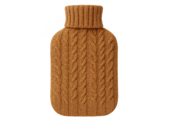 Hot water bottle in knitted wool cover providing warmth