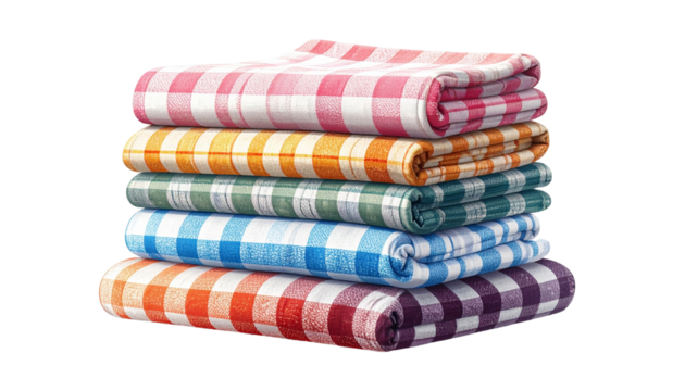 Colorful checked kitchen towels stacked neatly for home decor and practical use isolated on transparent background 