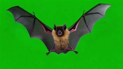 A flying bat with brown fur and black wings against a green screen background in a studio shot bat green screen video