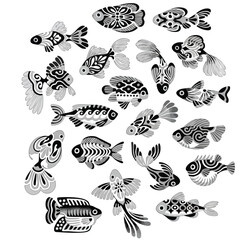 A set of fish in an artistic style isolated vector illustration