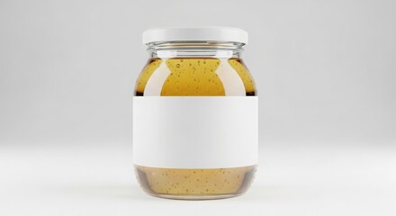 A clear glass jar filled with golden liquid, featuring a blank label, ready for branding.