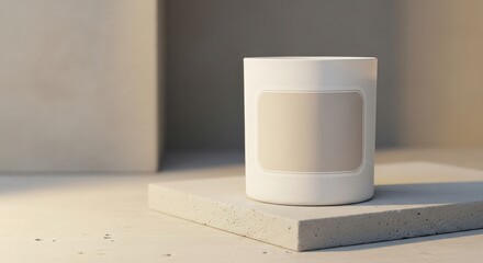 A simple, white cylindrical container with a blank label sits on a stone block.