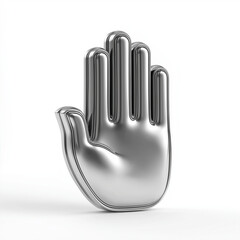 Silver hand icon or symbol for stop gesture. Digital metallic render modeling object for modern abstract design and visual representation.