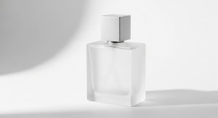 A frosted glass perfume bottle with a square silver cap stands on a white surface, casting soft shadows.
