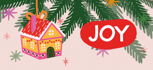 Merry Christmas and Happy New Year greeting card or banner. Modern beautiful Xmas design with typography, Christmas tree branches, balls and toys. Art poster, cover, decor templates	
