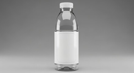A clear plastic bottle with a white label and cap, isolated on a grey background.