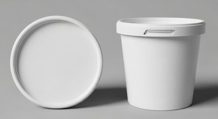 Two white plastic containers, one with a lid, displayed on a neutral gray background.