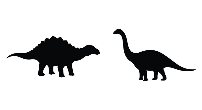 Silhouettes of two prehistoric dinosaurs a stegosaurus and a brachiosaurus