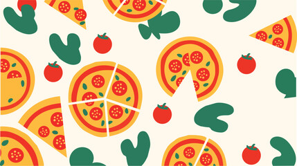 A playful and colorful flat illustration pattern of pizzas, pizza slices, and tomatoes with green abstract shapes on a cream background, perfect for foodrelated designs