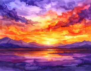 A vibrant watercolor sunset reflects over a tranquil mountain lake
