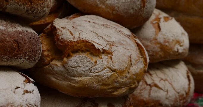 assorted artisanal bread loaves with golden crusts and earthy tones. Natural food concept, perfect for farm-to-table or bakery themes.