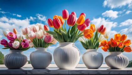 Vibrant Tulips In Marble Vases Blue Sky Showcasing Colorful Modern Floral Decor