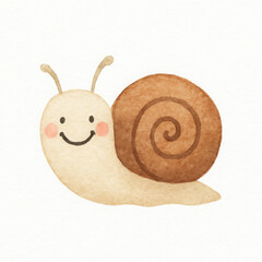 Cheerful snail illustration features brown shell and smiling face