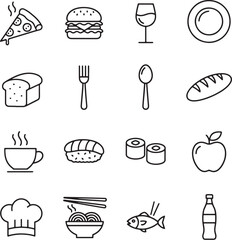 Food Icons Set – Outline Vector Collection of Pizza, Burger, Coffee, Bread, Sushi, and Drink Symbols, Restaurant, Cooking, and Dining Design
