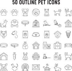 Outline Pet Icons – Minimalist Vector Collection of Dogs, Cats, Birds, and Animal Care Symbols, Veterinary, Food, and Accessory Line Design
