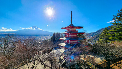 The Chureito Pagoda in Arakurasan Sengen Park and Mount Fuji seen behind it