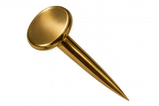 Golden pushpin providing visual markers for office organization, planning, and success concepts. Transparent background