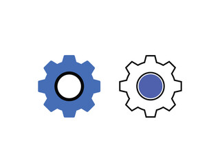 Two gear icons isolated on white background, one blue and one white, symbolizing settings and configuration