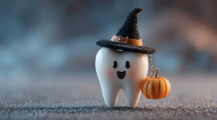 White tooth wearing witch's hat with pupkin on orange background. Halloween concept. AI