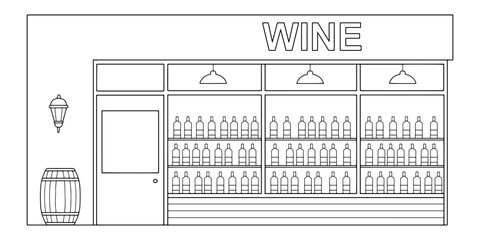 Wine shop building exterior graphic black white sketch illustration vector 