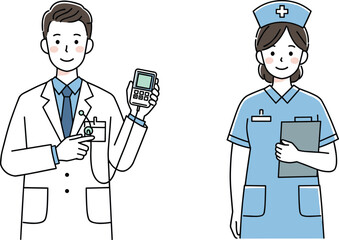 Medical doctor with glucose meter, nurse holding clipboard, healthcare professionals, hospital staff, diagnostic tools, stethoscope, nurse uniform, medical teamwork