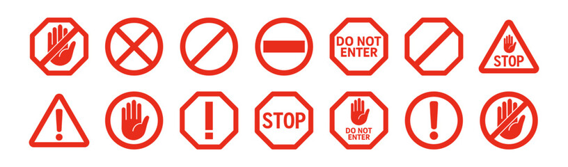 Red stop warning signs set vector illustration on transparent background