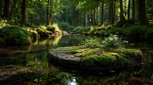 Serene forest stream with a flat moss-covered stone in the center, clear gently flowing water, dappled sunlight through trees, peaceful, harmonious, and natural scene.
