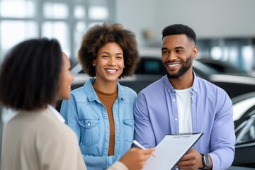 Smiling couple talking with a saleswoman inside a modern car dealership, holding a clipboard and pen, engaged in discussion about vehicle purchase, capturing trust, communication, and customer service