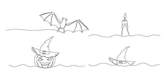 Pumpkin, wizard hat and bat one line illustration. Hand drawn vector continuous sketch of candle isolated on white background. Halloween designs set