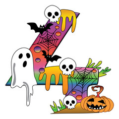 Colorful Halloween Number Four Vector with Ghosts and Pumpkin