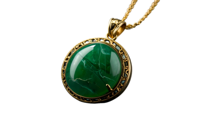 Gold necklace with green gemstone pendant on black background