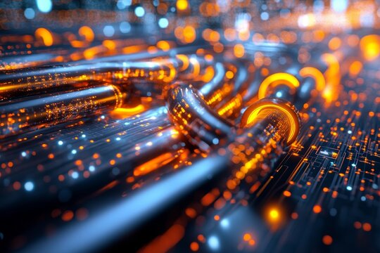 Stylized Illustration of Secure Blockchain Transactions with Digital Data Flow in a Ledger Network