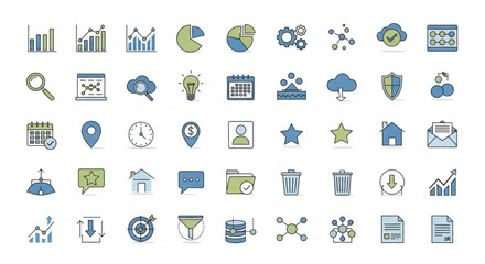 Fototapeta premium A comprehensive set of business and finance icons in flat design, covering various aspects of financial management and analysis