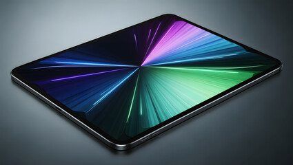 Modern Tablet Device Displaying Vibrant Abstract Light Streaks on Screen technology