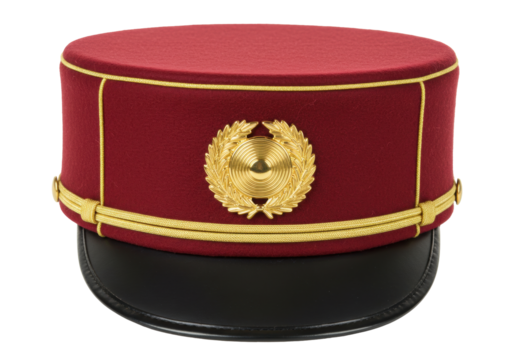Isolated European-style military dress cap with gold decoration and black visor on display