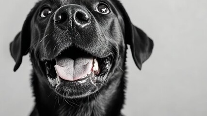 Cheerful black labrador expressing joyful anticipation with big smiles