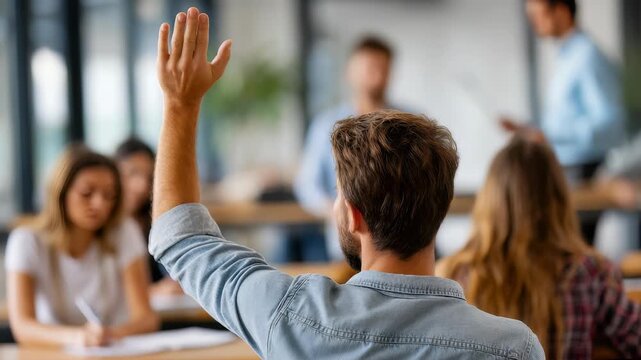 A young man raises his hand to ask a question during a classroom discussion, actively participating in a modern educational environment. Students and a teacher are visible in the background