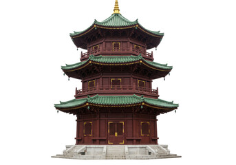 Obraz premium Isolated Chinese pagoda with red walls and green roofs stands alone, architecture theme