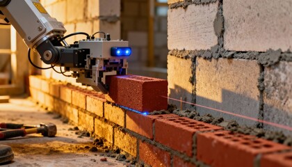 Medium shot capturing a sensorguided brick laying robot adjusting placement dynamically to ensure flawless wall alignment and structural integrity.