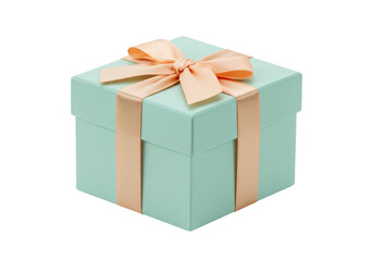 Obraz premium Isolated gift box of light blue color with a pretty bow of peach color over white