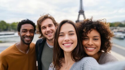 Group of young friends smiling and taking a selfie together with the Eiffel Tower in the background on a cloudy day in Paris. Urban travel adventure and friendship moments captured outdoors