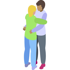 Two People Embracing In A Warm Hug With Light Blue And Green Outfits Isolated On White Background With Transparent Background And Isometric Style Rendering