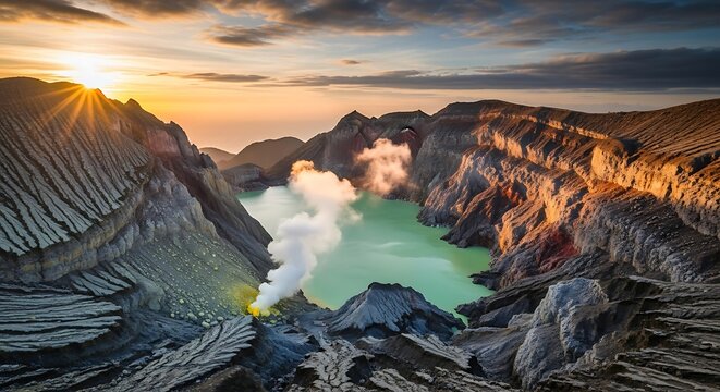 Ijen Volcano Crater East Java Indonesia Sunrise Scenic Landscape Sulfur Mine Turquoise Lake Steam Vent Dramatic View