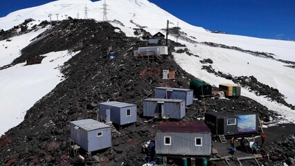Aerial view of mount elbrus base camp huts