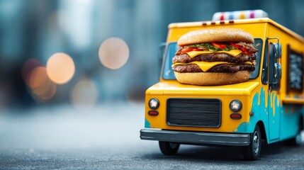 At an urban food festival, a colorful food truck attracts visitors with its huge, delicious burgers. Lively ambiance fills the air as people enjoy their meals and the city buzzes around them