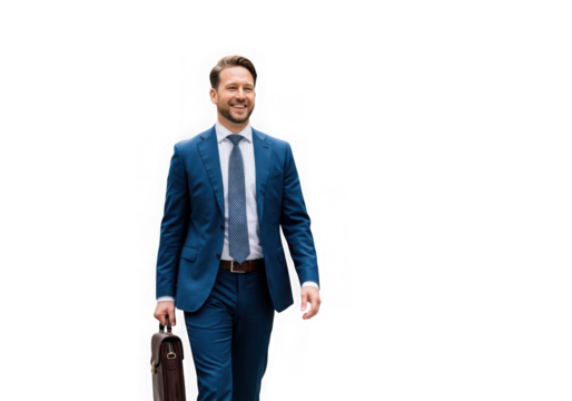 Smiling businessman in suit walking with briefcase isolated on transparent background