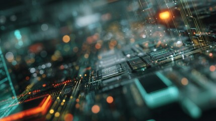 The circuit with glowing lights highlights electronic circuits and intricate circuit patterns. These patterns and circuits establish a futuristic technology theme in circuits.