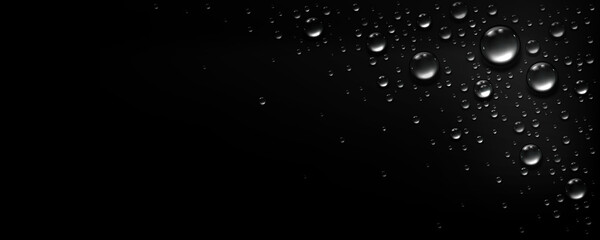 Vector illustration of realistic water drops on a black background. Top view, with droplets mainly placed on the left and right sides, forming visual balance with an empty center. 