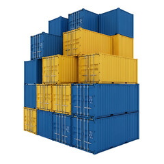 Fototapeta premium Stacked shipping containers in blue and yellow, arranged in a structured, geometric pattern. Isolated on a Transparent Background, PNG, Cutout